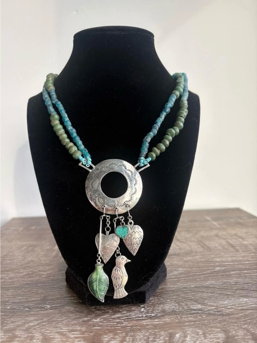 Vintage JLR Sterling Silver Turquoise & Green Beaded Pendant Necklace